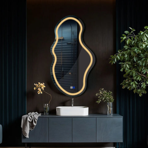 Specchio LED Asimmetrico 2 | Pulsanti touch | Funzione anti-appannamento | Luce bianca calda - Reyze Serie Salono Modello 1 - Verticale