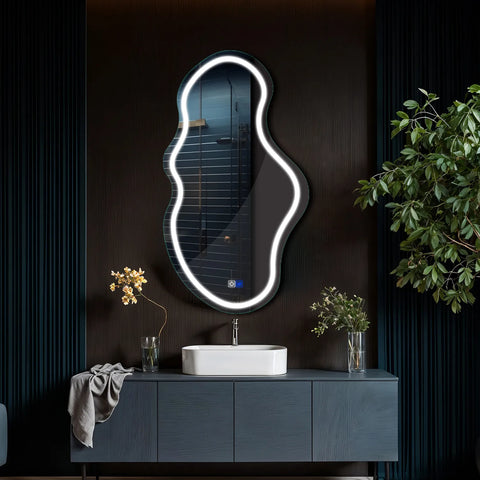 Specchio LED Asimmetrico 2 | Pulsanti touch | Funzione anti-appannamento | Luce bianca fredda - Reyze Serie Salono Modello 1 - Verticale