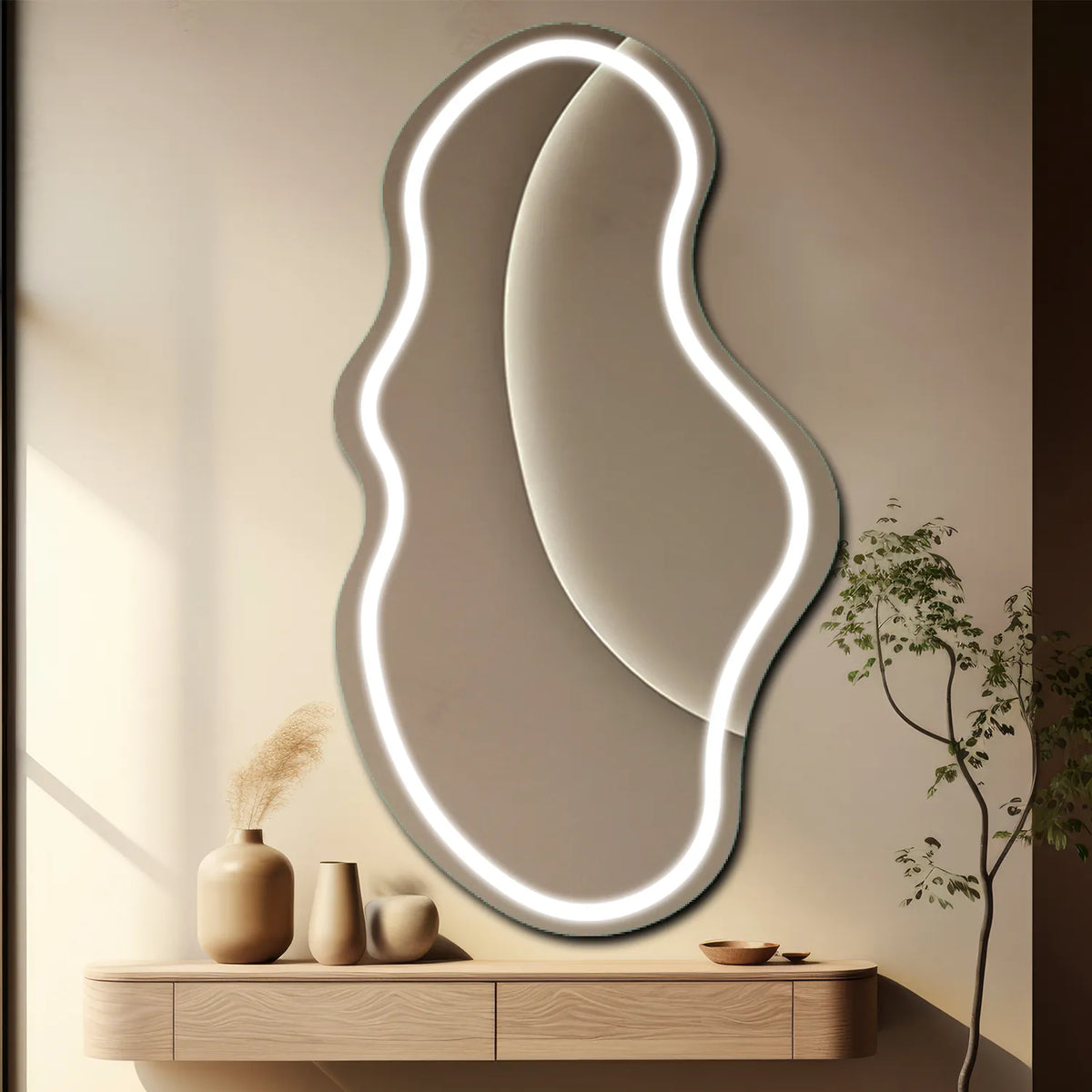 Specchio LED Asimmetrico 2 | Controllo tramite interruttore a muro | Luce bianca fredda - Reyze Serie Salono Modello 1 - Verticale
