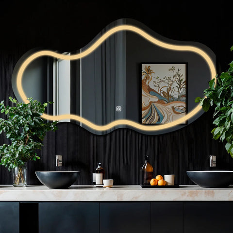Specchio LED Asimmetrico 2 | Pulsante touch | Luce bianca calda - Reyze Serie Salono Modello 1 - Orizzontale