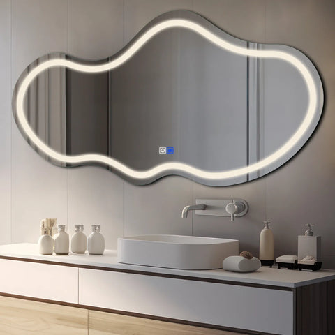 Specchio LED Asimmetrico 2 | Pulsanti touch | Funzione anti-appannamento | Luce bianca neutra - Reyze Serie Salono Modello 1 - Orizzontale