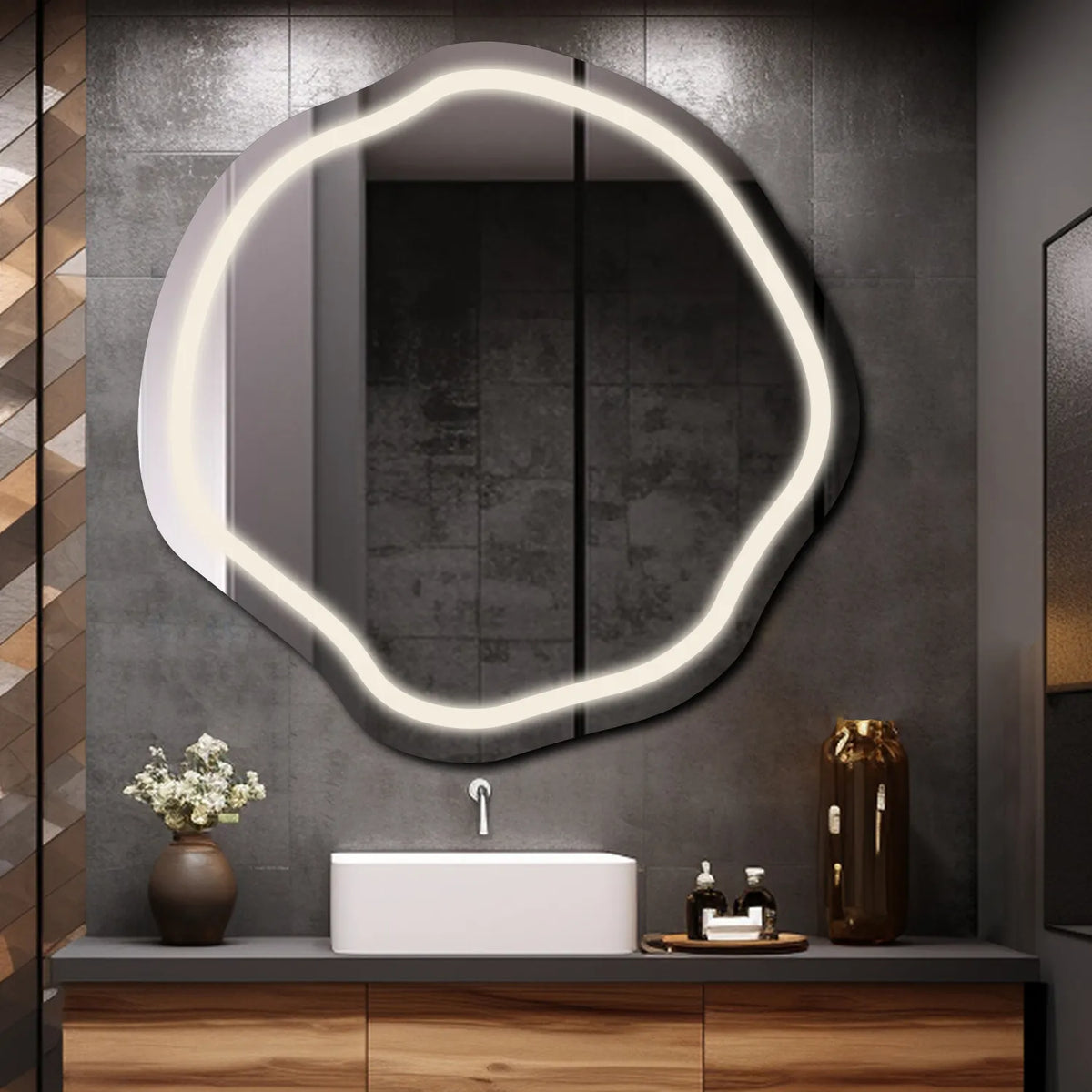 Specchio LED Asimmetrico Ovale | Controllo tramite interruttore a muro | Luce bianca neutra - Reyze Serie Salono Modello 1