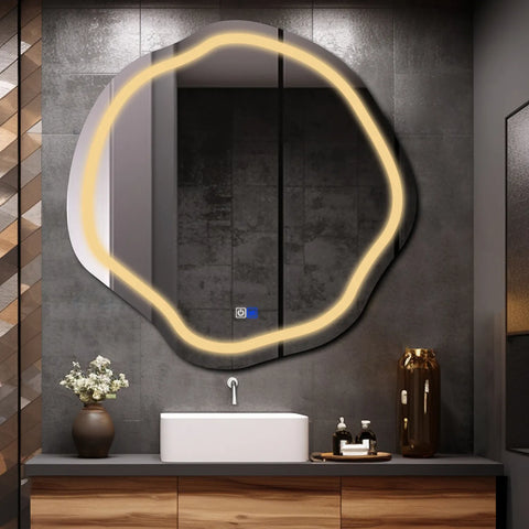 Specchio LED Asimmetrico Ovale | Pulsanti touch | Funzione anti-appannamento | Luce bianca calda - Reyze Serie Salono Modello 1