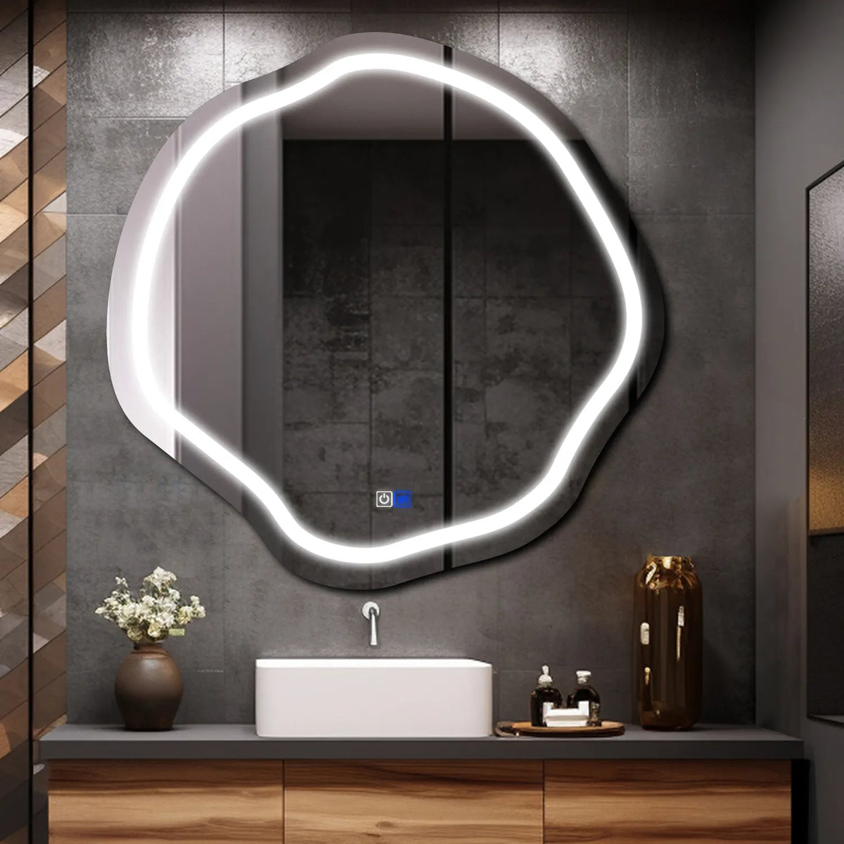 Specchio LED Asimmetrico Ovale | Pulsanti touch | Funzione anti-appannamento | Luce bianca fredda - Reyze Serie Salono Modello 1