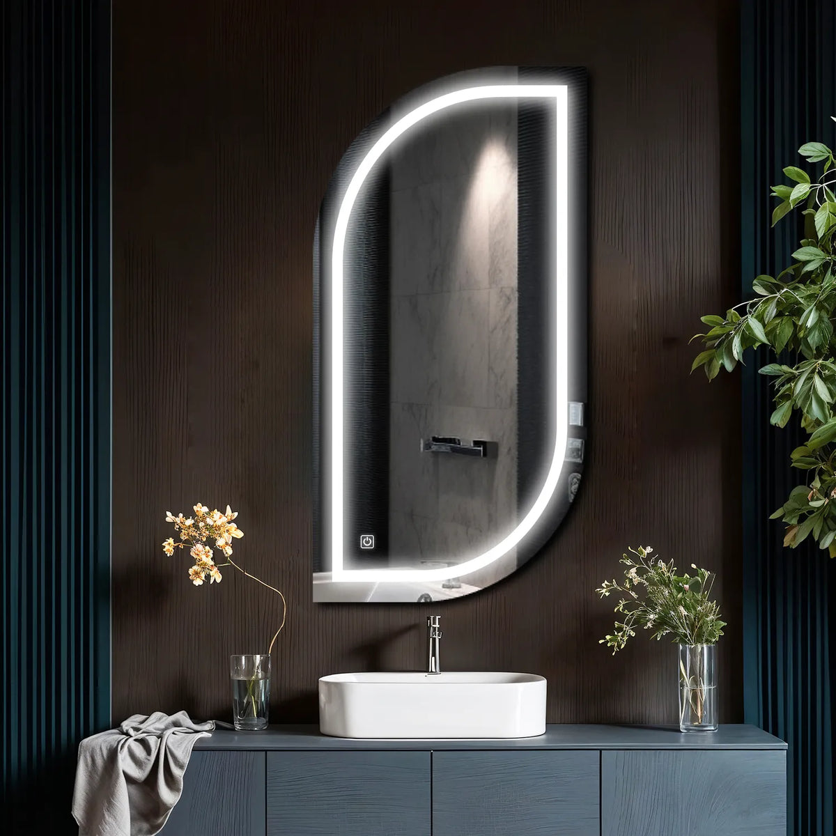 Specchio LED Semiovale 1 | Pulsante touch | Luce bianca fredda - Reyze Serie Salono Modello 1
