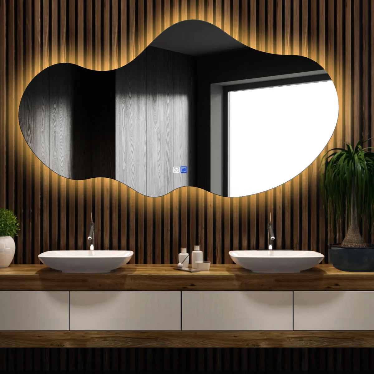 Specchio LED Asimmetrico 2 | Pulsanti touch | Funzione anti-appannamento | Luce bianca calda - Reyze Serie Ambient Modello 1 - Orizzontale