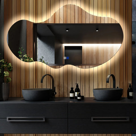 Specchio LED Asimmetrico 2 | Pulsanti touch | Funzione anti-appannamento | Luce bianca neutra - Reyze Serie Ambient Modello 1 - Orizzontale