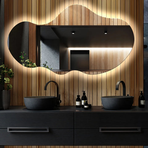 Specchio LED Asimmetrico 2 | Controllo tramite interruttore a muro | Luce bianca neutra - Reyze Serie Ambient Modello 1 - Orizzontale