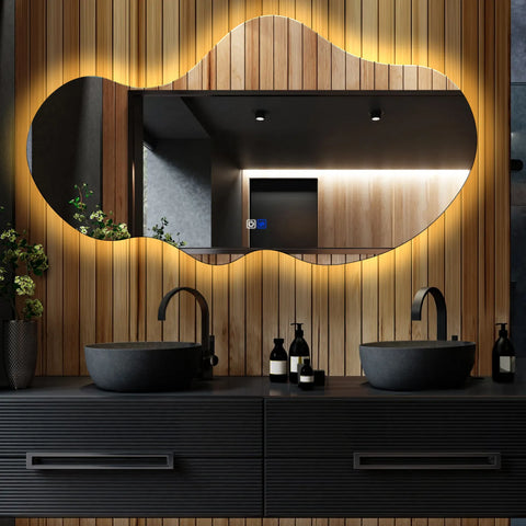 Specchio LED Asimmetrico 2 | Pulsanti touch | Funzione anti-appannamento | Luce bianca calda - Reyze Serie Ambient Modello 1 - Orizzontale