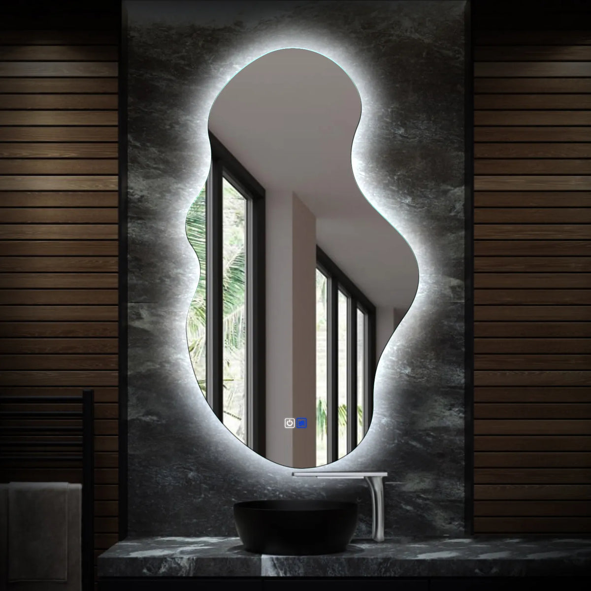 Specchio LED Asimmetrico 2 | Pulsanti touch | Funzione anti-appannamento | Luce bianca fredda - Reyze Serie Ambient Modello 1 - Verticale