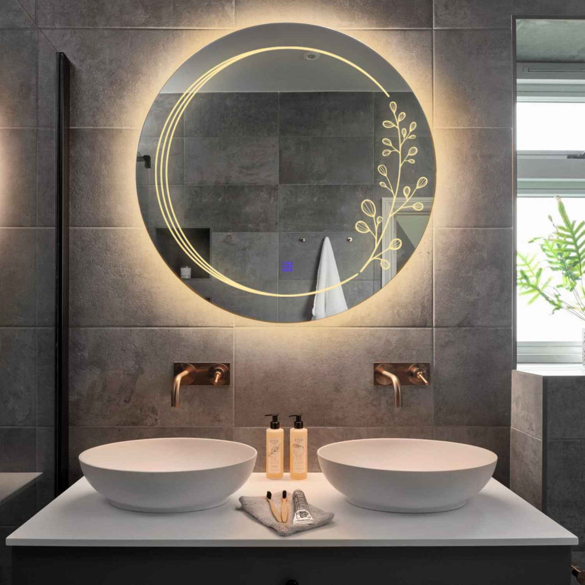 Specchio LED Rotondo | Pulsante touch | Luce bianca calda - Reyze Serie Good Vibes Modello 3