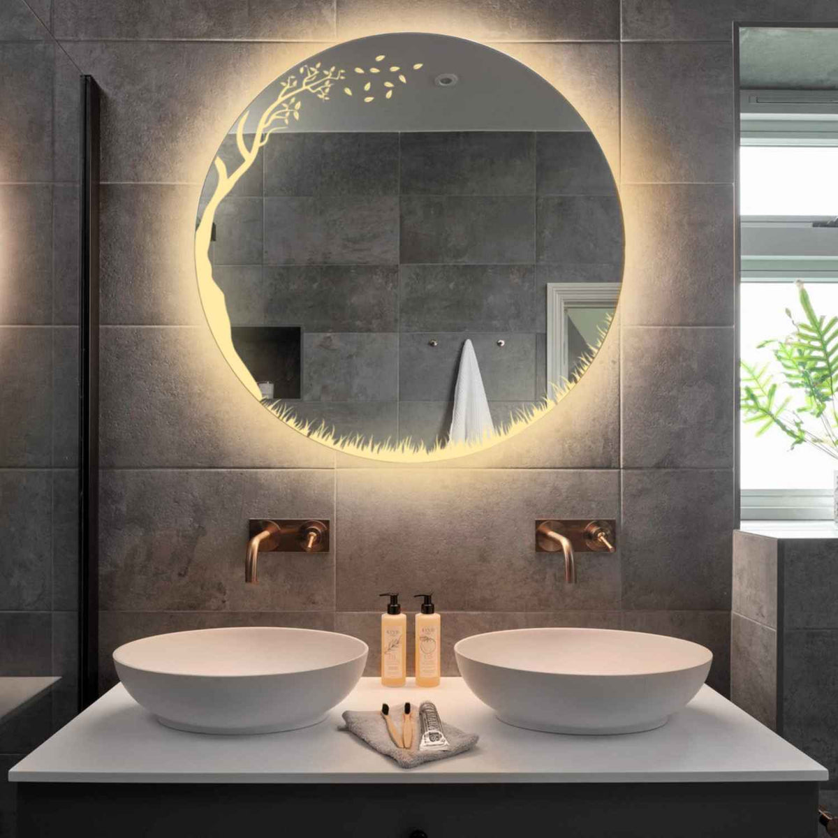 Specchio LED Rotondo | Controllo tramite interruttore a muro | Luce bianca calda - Reyze Serie Good Vibes Modello 8