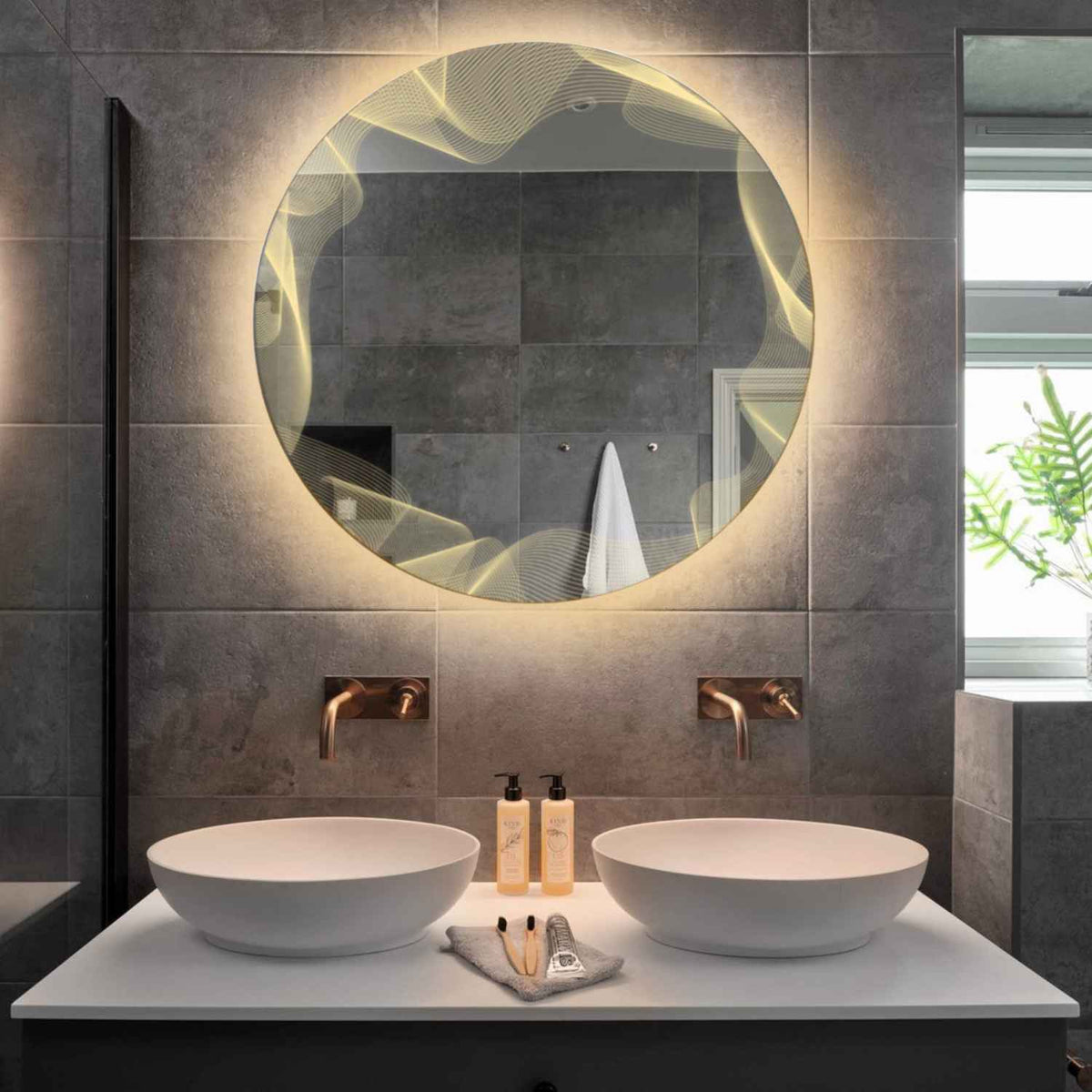 Specchio LED Rotondo | Controllo tramite interruttore a muro | Luce bianca calda - Reyze Serie Simetria Modello 3