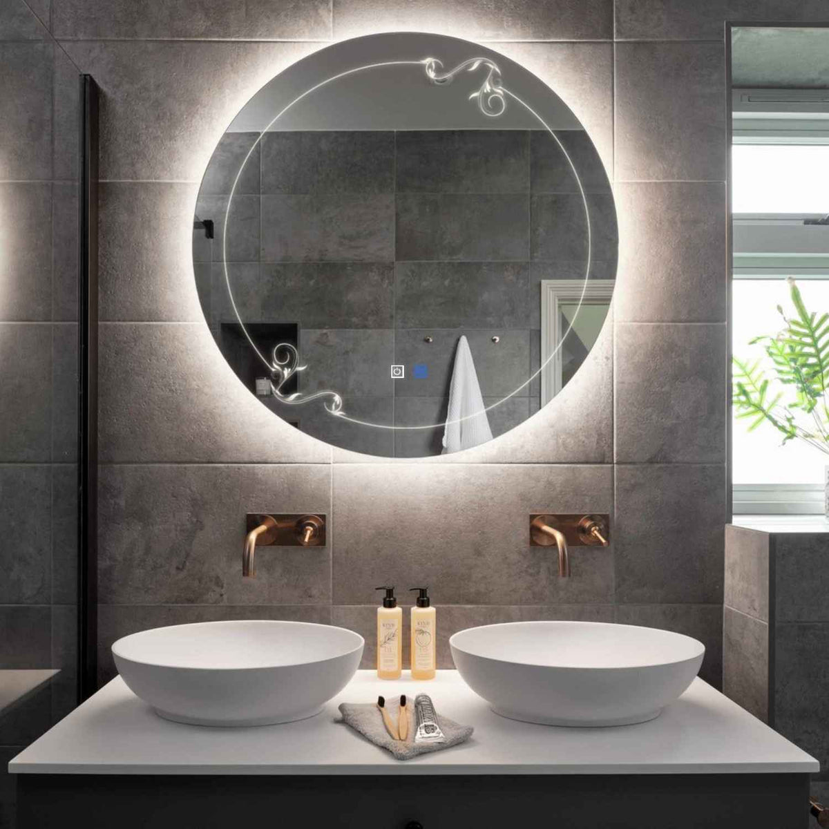 Specchio LED Rotondo | Pulsanti touch | Funzione anti-appannamento | Luce bianca neutra - Reyze Serie Good Vibes Modello 5