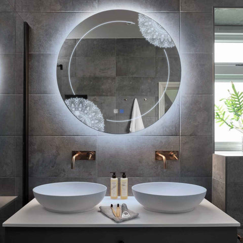 Specchio LED Rotondo | Pulsanti touch | Funzione anti-appannamento | Luce bianca fredda - Reyze Serie Good Vibes Modello 7