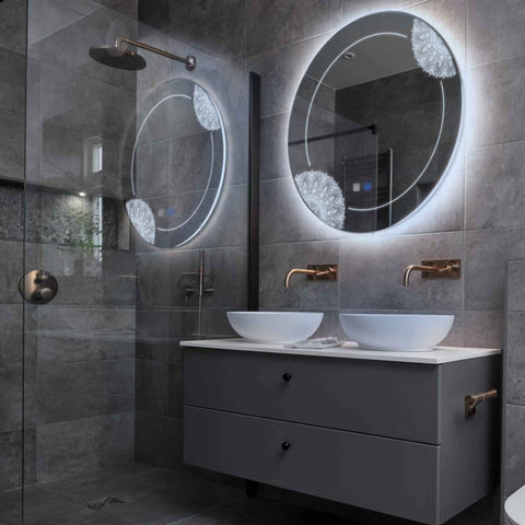 Specchio LED Rotondo | Pulsanti touch | Funzione anti-appannamento | Luce bianca fredda - Reyze Serie Good Vibes Modello 7