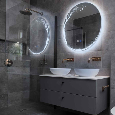 Specchio LED Rotondo | Pulsanti touch | Funzione anti-appannamento | Luce bianca fredda - Reyze Serie Good Vibes Modello 8