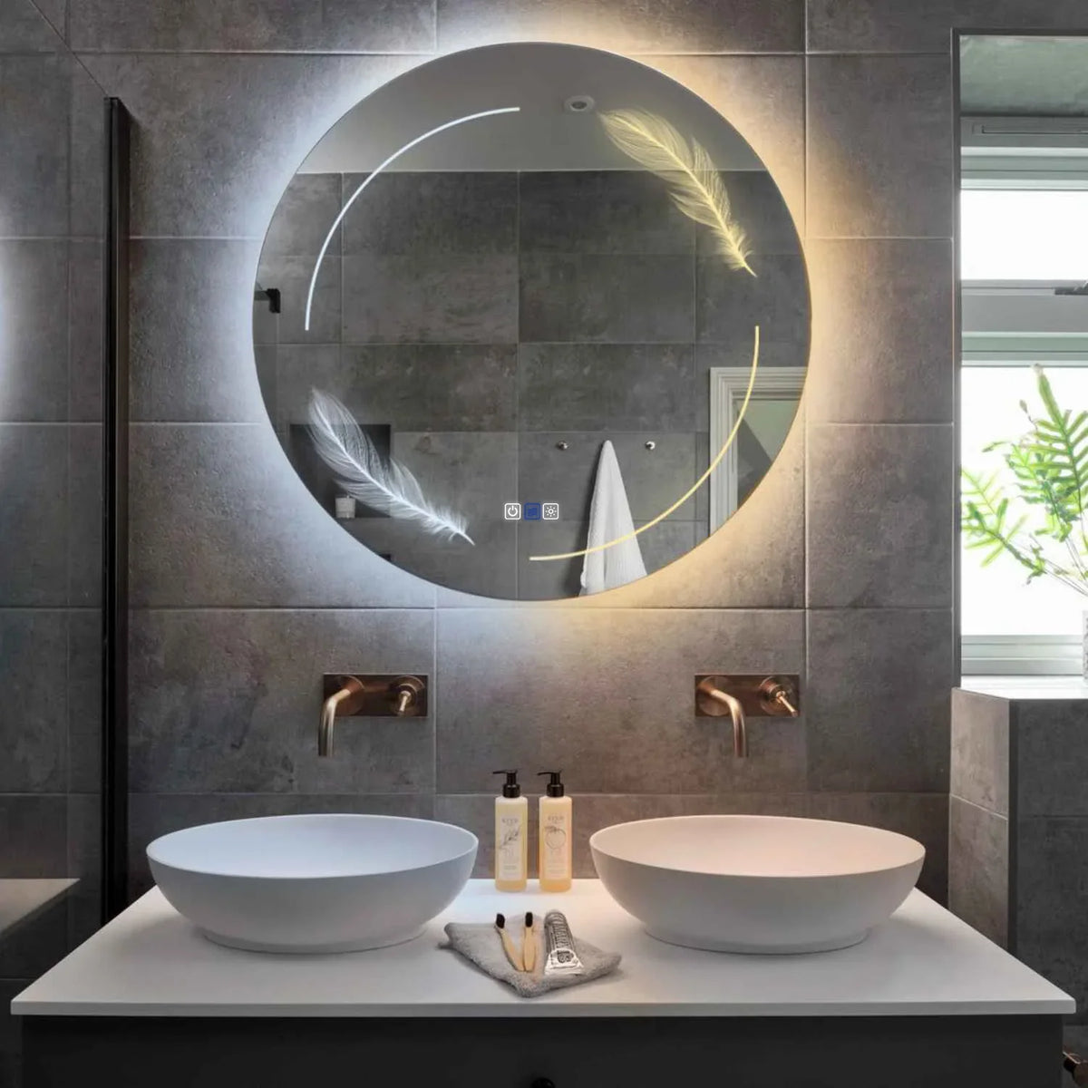 Specchio LED Rotondo | Pulsanti touch | Funzione anti-appannamento | Temperatura di colore regolabile - Reyze Serie Good Vibes Modello 2