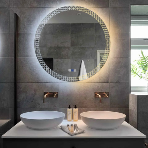 Specchio LED Rotondo | Pulsanti touch | Funzione anti-appannamento | Temperatura di colore regolabile - Reyze Serie Official Modello 2
