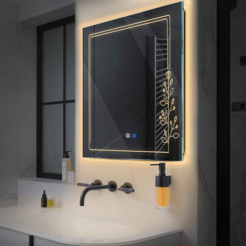 Specchio LED Quadrato | Pulsanti touch | Funzione anti-appannamento | Luce bianca calda - Reyze Serie Good Vibes Modello 3