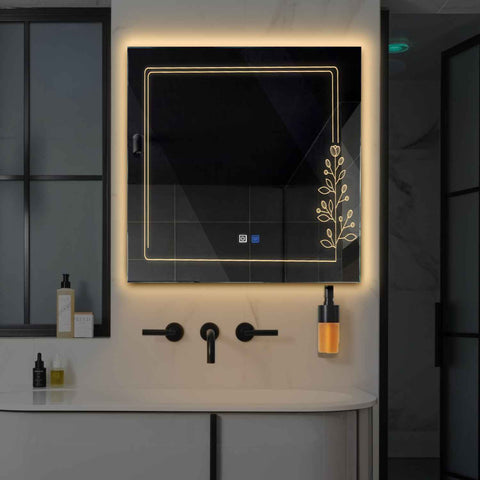Specchio LED Quadrato | Pulsanti touch | Funzione anti-appannamento | Luce bianca calda - Reyze Serie Good Vibes Modello 3