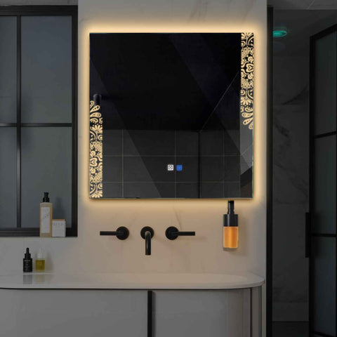 Specchio LED Quadrato | Pulsanti touch | Funzione anti-appannamento | Luce bianca calda - Reyze Serie Good Vibes Modello 4