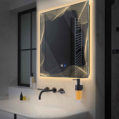 Specchio LED Quadrato | Pulsanti touch | Funzione anti-appannamento | Luce bianca calda - Reyze Serie Simetria Modello 3