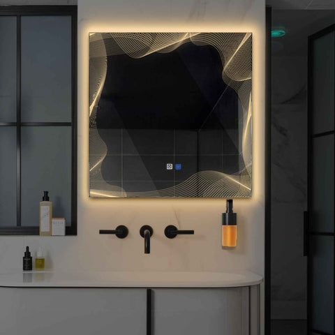 Specchio LED Quadrato | Pulsanti touch | Funzione anti-appannamento | Luce bianca calda - Reyze Serie Simetria Modello 3