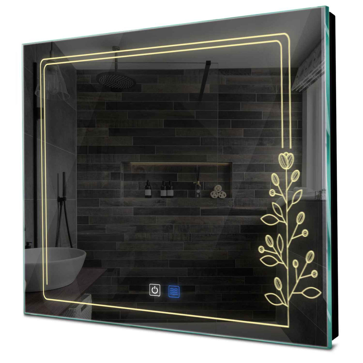 Specchio LED Quadrato | Pulsanti touch | Funzione anti-appannamento | Luce bianca calda - Reyze Serie Good Vibes Modello 3