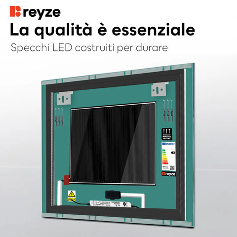 Specchio LED Quadrato | Pulsanti touch | Funzione anti-appannamento | Luce bianca neutra - Reyze Serie Edge Modello 3