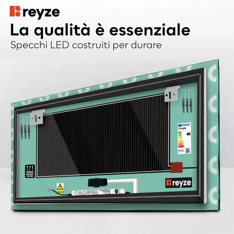 Specchio LED Rettangolare | Pulsanti touch | Funzione anti-appannamento | Luce bianca calda - Reyze Serie Edge Modello 4