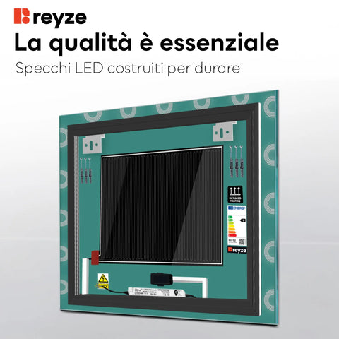 Specchio LED Quadrato | Pulsanti touch | Funzione anti-appannamento | Luce bianca calda - Reyze Serie Edge Modello 4