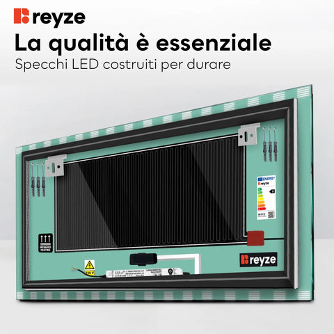 Specchio LED Rettangolare | Pulsanti touch | Funzione anti-appannamento | Luce bianca fredda - Reyze Serie Edge Modello 6