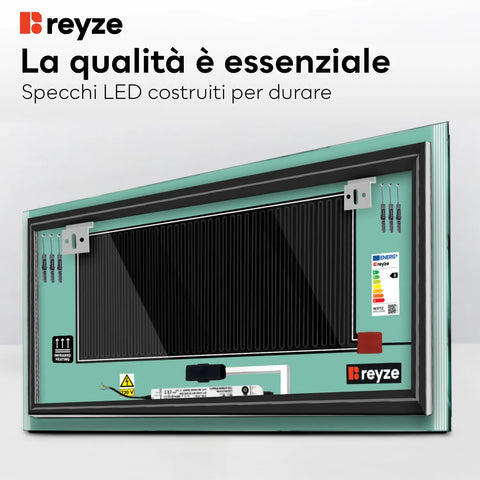Specchio LED Rettangolare | Pulsanti touch | Funzione anti-appannamento | Luce bianca calda - Reyze Serie Edge Modello 7