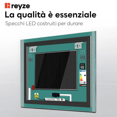 Specchio LED Quadrato | Pulsanti touch | Funzione anti-appannamento | Luce bianca calda - Reyze Serie Edge Modello 7