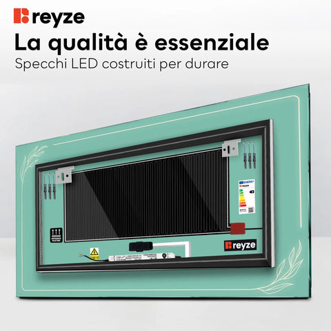Specchio LED Rettangolare | Pulsanti touch | Funzione anti-appannamento | Luce bianca neutra - Reyze Serie Good Vibes Modello 1