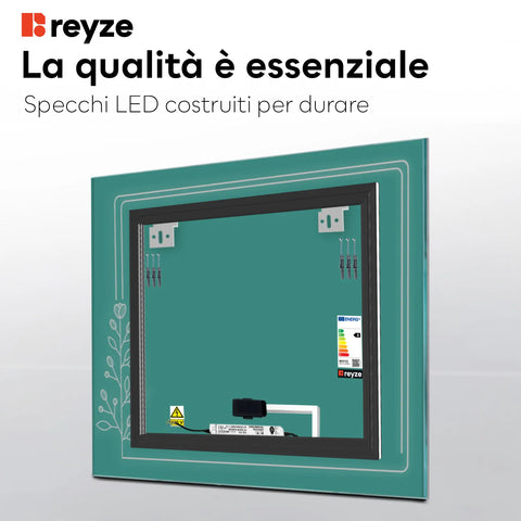 Specchio LED Quadrato | Pulsante touch | Luce bianca calda - Reyze Serie Good Vibes Modello 2