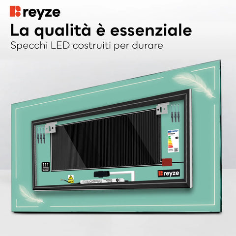 Specchio LED Rettangolare | Pulsanti touch | Funzione anti-appannamento | Luce bianca fredda - Reyze Serie Good Vibes Modello 2