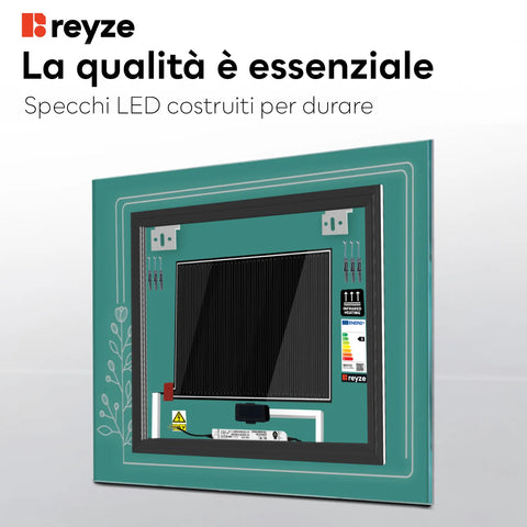 Specchio LED Quadrato | Pulsanti touch | Funzione anti-appannamento | Luce bianca fredda - Reyze Serie Good Vibes Modello 2