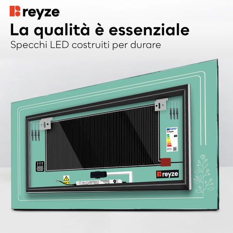 Specchio LED Rettangolare | Pulsanti touch | Funzione anti-appannamento | Temperatura di colore regolabile - Reyze Serie Good Vibes Modello 3