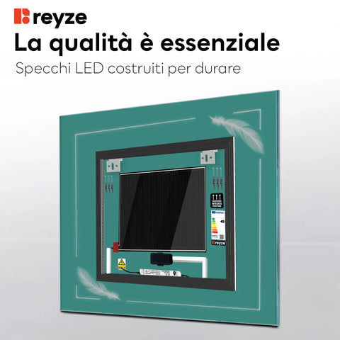 Specchio LED Quadrato | Pulsanti touch | Funzione anti-appannamento | Luce bianca fredda - Reyze Serie Good Vibes Modello 3
