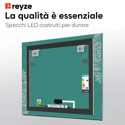 Specchio LED Quadrato | Pulsante touch | Luce bianca neutra - Reyze Serie Good Vibes Modello 4