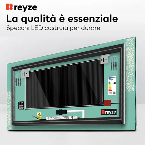 Specchio LED Rettangolare | Pulsanti touch | Funzione anti-appannamento | Luce bianca calda - Reyze Serie Good Vibes Modello 4