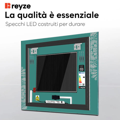 Specchio LED Quadrato | Pulsanti touch | Funzione anti-appannamento | Luce bianca calda - Reyze Serie Good Vibes Modello 4