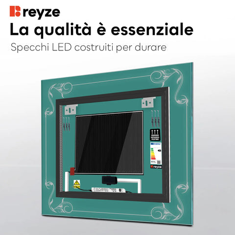 Specchio LED Quadrato | Pulsanti touch | Funzione anti-appannamento | Luce bianca neutra - Reyze Serie Good Vibes Modello 5