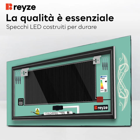 Specchio LED Rettangolare | Pulsanti touch | Funzione anti-appannamento | Luce bianca calda - Reyze Serie Good Vibes Modello 6