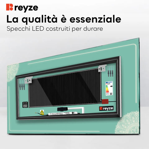 Specchio LED Rettangolare | Pulsanti touch | Funzione anti-appannamento | Luce bianca calda - Reyze Serie Good Vibes Modello 7