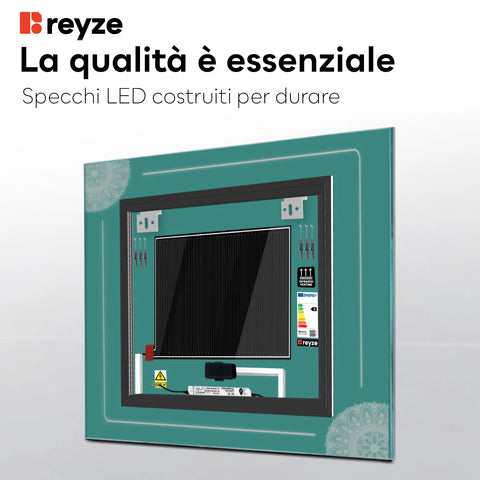 Specchio LED Quadrato | Pulsanti touch | Funzione anti-appannamento | Luce bianca fredda - Reyze Serie Good Vibes Modello 7