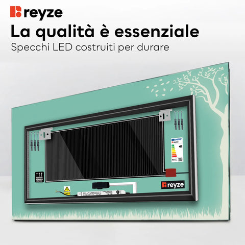 Specchio LED Rettangolare | Pulsanti touch | Funzione anti-appannamento | Luce bianca fredda - Reyze Serie Good Vibes Modello 8