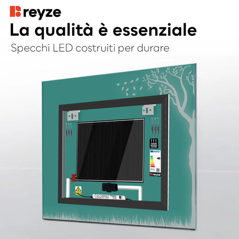 Specchio LED Quadrato | Pulsanti touch | Funzione anti-appannamento | Luce bianca fredda - Reyze Serie Good Vibes Modello 8